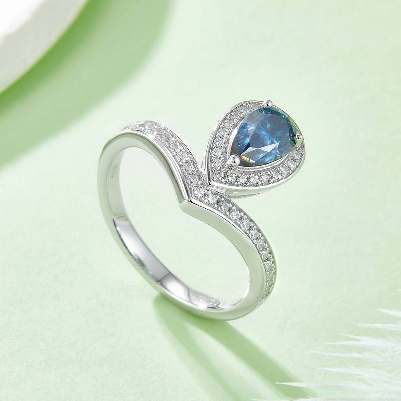 V字虎边水滴S925银镀白金彩色MoissaniteWomen's Ring1ctD级